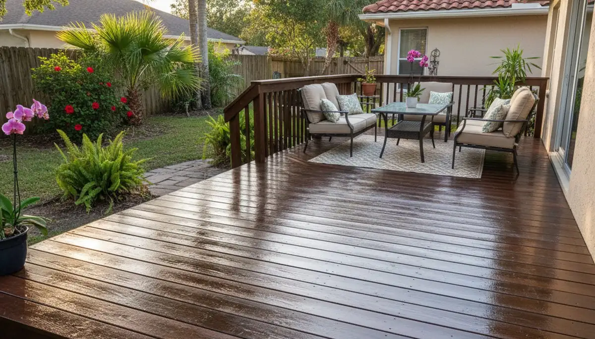 Finished deck staining in Saint Petersburg FL showing rich wood color and weather-protective finish