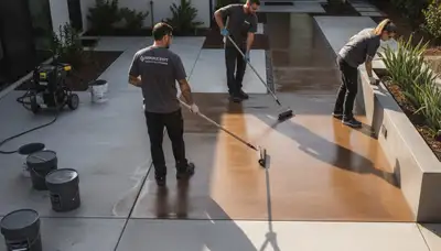 Contractor applying decorative concrete stain on patio in Saint Petersburg FL for durable finish