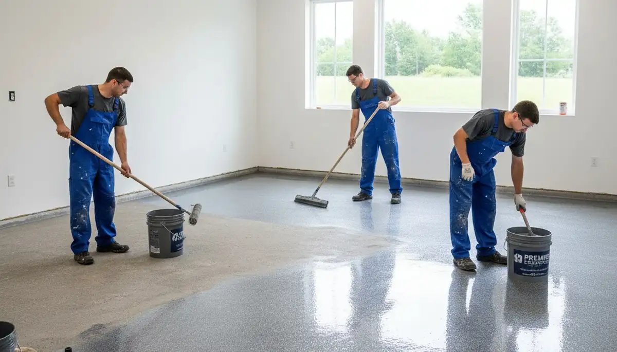 Epoxy floor coating in Saint Petersburg FL garage by professional painters for durable, glossy finish