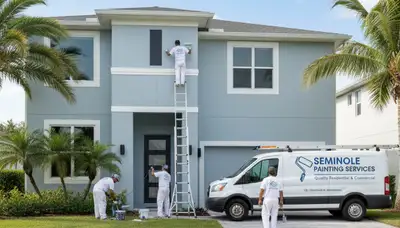 House painters in Saint Petersburg, FL painting a home's exterior with professional brushes and ladders