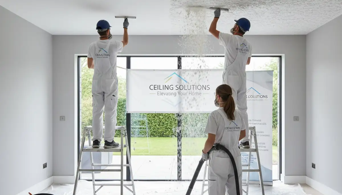 Technician removing popcorn ceiling in a Saint Petersburg FL home for smooth modern finish