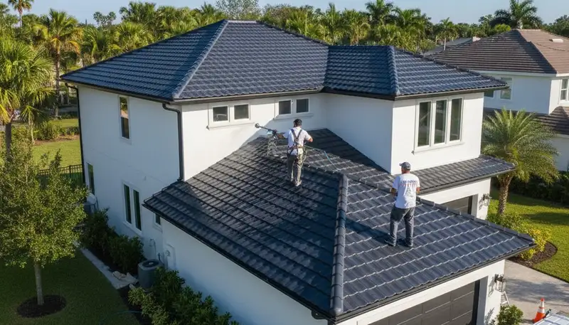 Professional roof painters applying reflective coating in Saint Petersburg, FL coastal home