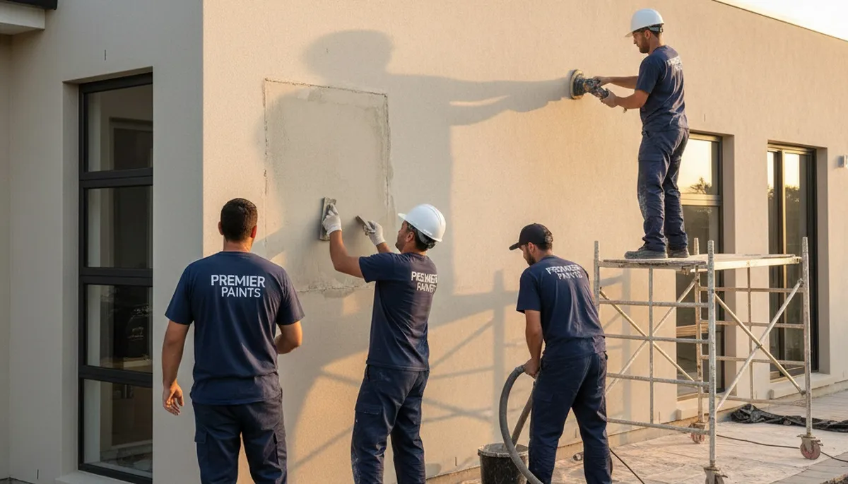 Professional stucco repair on coastal home exterior in Saint Petersburg, FL by expert painters