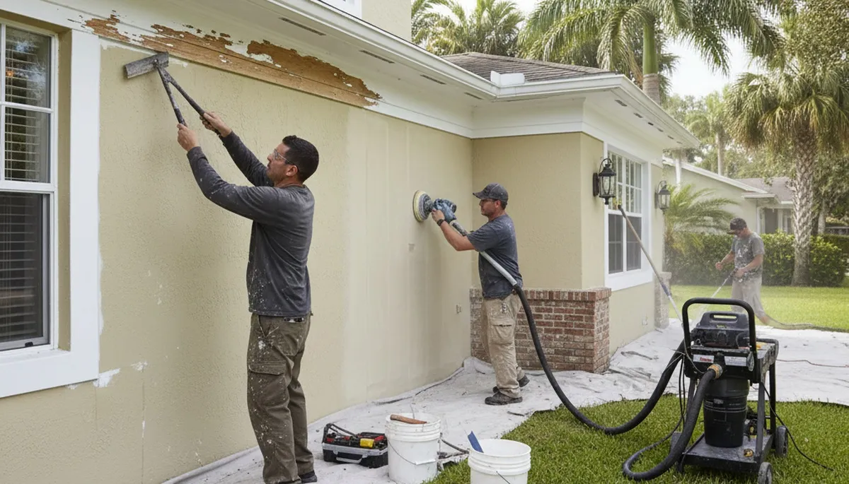Painter sanding exterior wall for new paint in Saint Petersburg, FL home during surface preparation