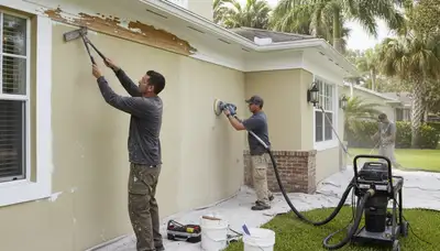 Painter sanding exterior wall for new paint in Saint Petersburg, FL home during surface preparation